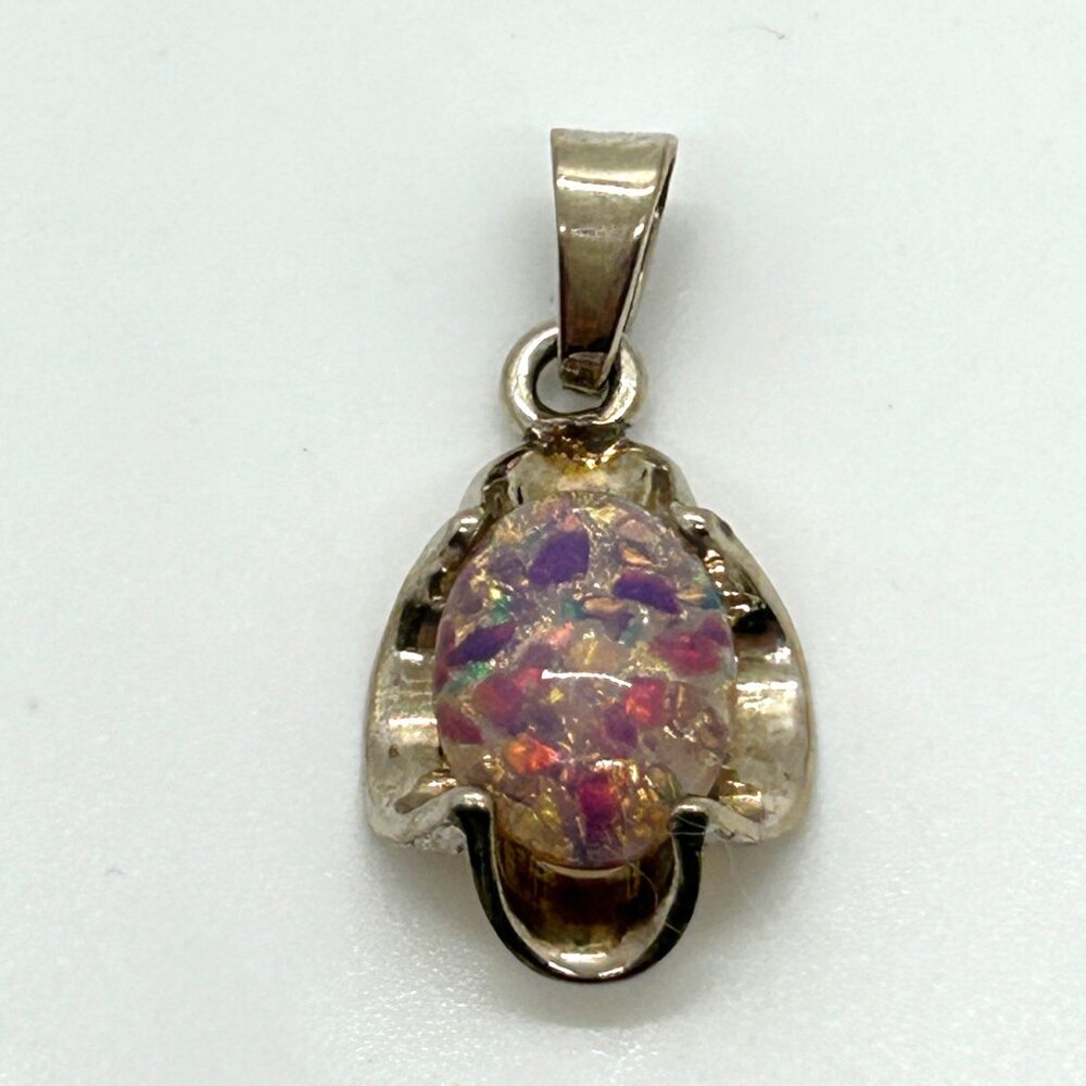 Vintage 925 Sterling Silver Pendant Confetti Faux Opal Boho Mexico 8.44 Grams - Picture 1 of 13